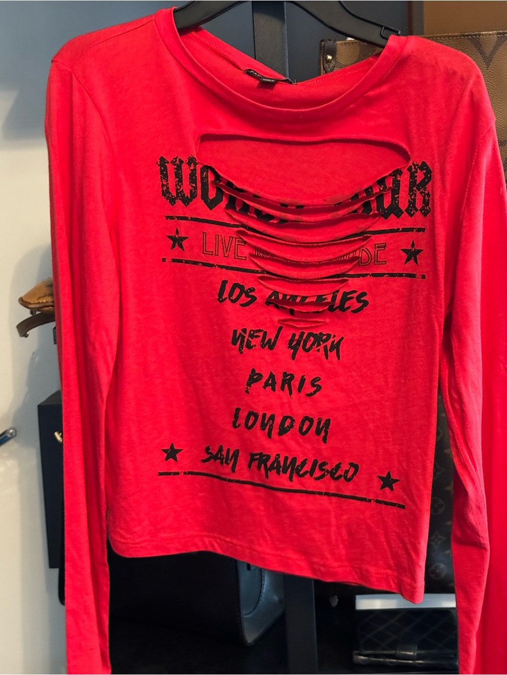Fashion Nova Red Distressed Graphic Long Sleeve Tee